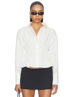 ALL THE WAYS - Tiffani Women's Smocked Button-Up Peplum Shirt White
