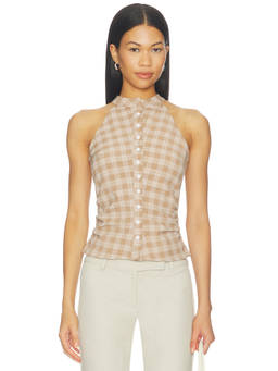 ALL THE WAYS - Karie Women's Plaid Button Front Halter Neck Top Brown