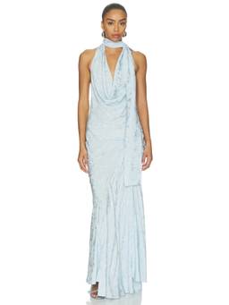 Anna October - Kelly Women's Halter Cowl Neck Jacquard Maxi Dress Blue