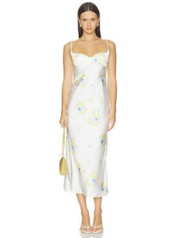 Anna October - Gloria Women's Floral Print Sculpted Bodice Midi Dress Ivory