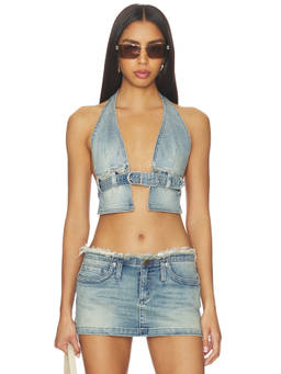 Abrand - Women's Halter Belted Crop Top Blue