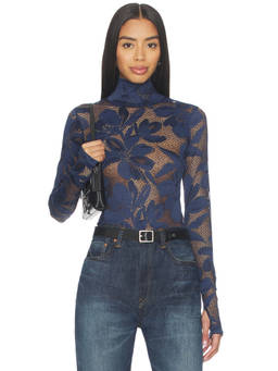 AFRM - Zadie Women's Sheer Floral Turtle Neck Top Indigo