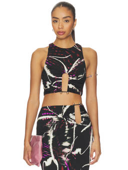 AFRM - Night Daisy Women's Printed Sleeveless Cut-Out Crop Top Black