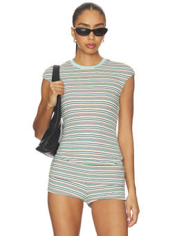 AFRM - Ribbed Jersey Women's Striped Crew Neck Top Aqua