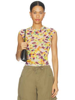 AFRM - Nina Women's Floral Printed Mesh Cap Sleeve Top Multi-Color