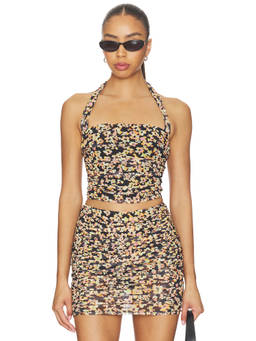 AFRM - Aranya Women's Ruched Halter Neck Mesh Crop Top Black