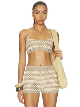 AFRM - Dune Stripe Women's Sheer Crochet Halter Neck Crop Top Beige