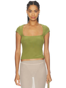 AFRM - Winona Women's Square Neck Cap Sleeve Crop Top Olive