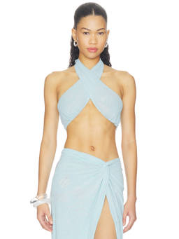 AFRM - Lyra Women's Burnout Velvet Halter Neck Crop Top Blue