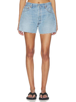 aligrace - Off-Duty Women's Raw Hem 5-Pocket Denim Shorts Blue