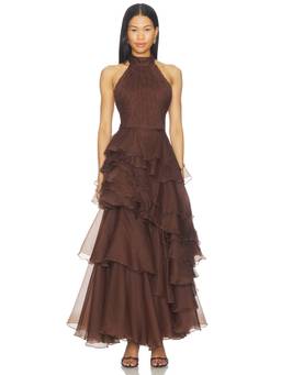 Aje - Fayette Women's Halter Neck Tiered Ruffle Maxi Gown Brown