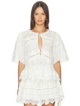 ALLSAINTS - Poplin Women's Lace Trim Tie-Up Neck Top Dove White