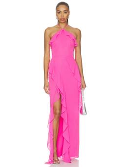 Amanda Uprichard - Alessandra Women's Ruffled Halter Neck Maxi Dress Pink
