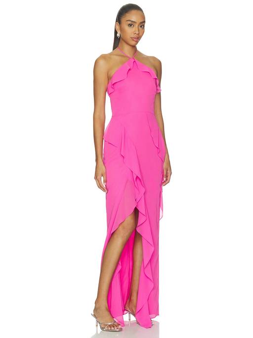 Buy Amanda Uprichard Alessandra Women's Ruffled Halter Neck Maxi Dress Pink (S) Online