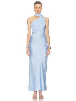 Amanda Uprichard - Myra Women's Satin Scarf Detail One Shoulder Maxi Dress Blue