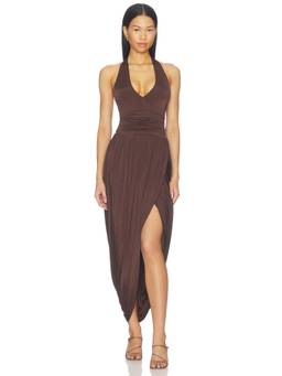 Amanda Uprichard - Rosado Women's Ruched Halter Neck Midi Dress Cocoa