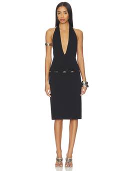 Anonie - Sleek Halterneck Women's Solid Fitted Midi Dress Black