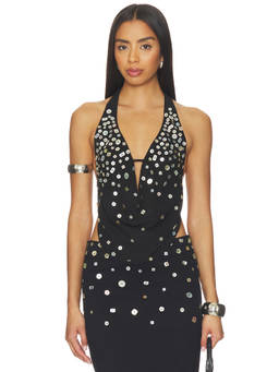 Anonie - Irene Women's Halter Neck Button Detail Top Black