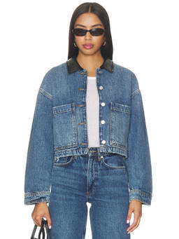 ANINE BING - Yuma Women's Rigid Denim Faux Leather Collar Jacket Cabana Blue