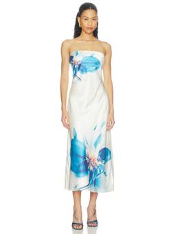 ASTR the Label - Annabeth Women's Floral Print Strapless Midi Dress Blue