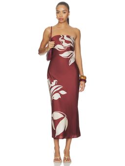 ASTR the Label - Annabeth Women's Strapless Floral Satin Midi Dress Brown