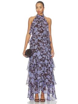 ASTR the Label - Lae Women's Floral Print Ruffled Halter Neck Maxi Dress Blue