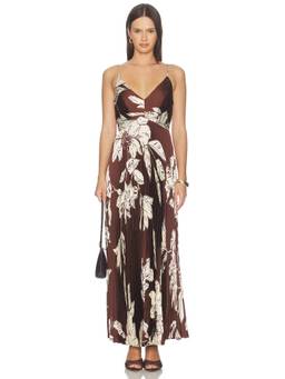 ASTR the Label - Satin Plisse Women's Floral Print Shoulder Straps Maxi Dress Brown