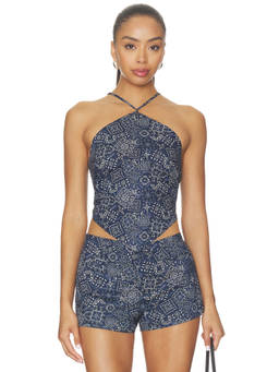 ASTR the Label - Bandana Print Women's Halter Neck Crop Top Navy Blue