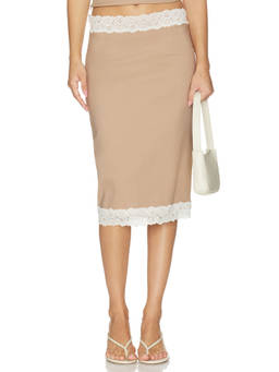 Amelie Teje - Coucou Women's Lace Trim Fitted Midi Skirt Brown