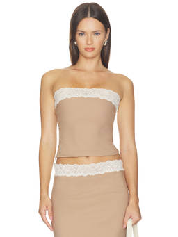 Amelie Teje - Coucou Women's Lace Trim Strapless Crop Top Brown