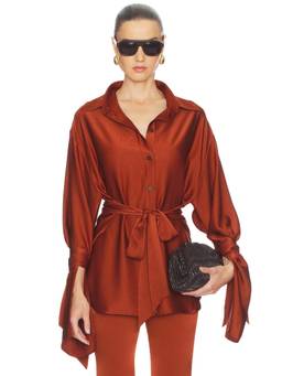 Atlein - Oversize Knot Detail Women's Satin Crepe Button-Up Shirt Rust