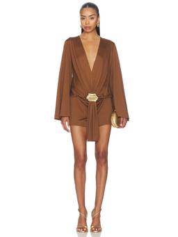 Alexis - Syros Women's Ruffled Plunging Neck Mini Dress Mocha