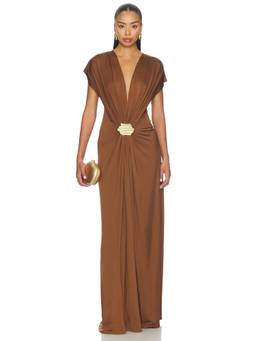 Alexis - Lunaria Women's Ruffled Plunging Neck Maxi Dress Mocha