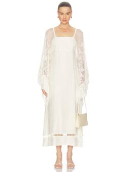 Alexis - Evienne Women's Pleated Fringe Trim Maxi Dress Cream