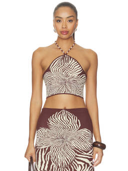 Alexis - Gala Women's Halter Neck Beaded Crop Top Brown