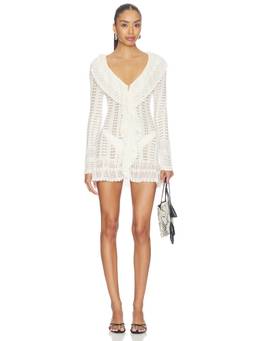 Aya Muse - Crochet Knit Women's V-Neck Hook Closure Mini Dress White