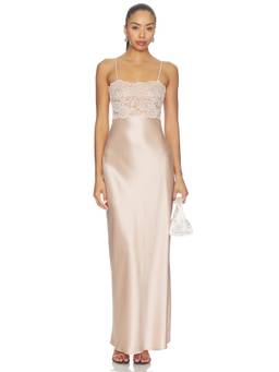 Aya Muse - Myra Women's Lace Trim Satin Maxi Dress Rose Gold