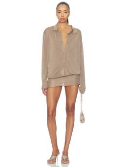 Aya Muse - Solin Women's Metallic Knit Button-Down Shirt Mini Dress Mauve