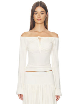 Aya Muse - Elya Women's Sheer Off-Shoulder Tie-Up Jersey Top White