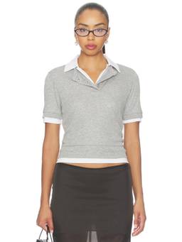 Aya Muse - Double Polo Women's Two-Fer Button Polo Collar Top Grey