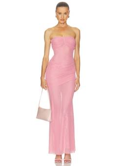 Bananhot - Ruched Mesh Women's Strapless Maxi Dress Pink