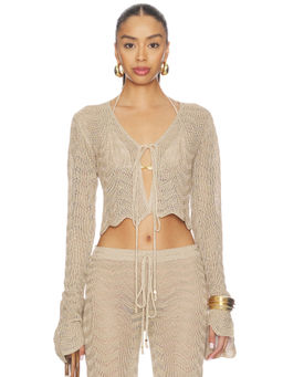 Bananhot - Metallic Crochet Women's Tie-Up Crop Cardigan Gold