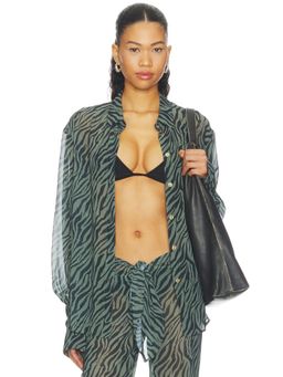 Bananhot - Paloma Women's Sheer Zebra Print Button-Down Shirt Green