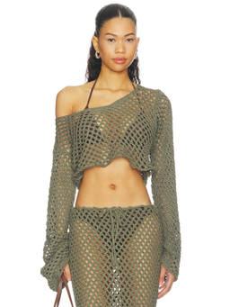 Bananhot - Women's Open Knit One Shoulder Crop Top Olive