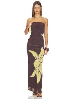 Bardot - Ciera Women's Strapless Ruched Floral Mesh Maxi Dress Brown
