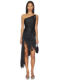 Bardot - Rayner Women's One Shoulder Lace Trim Asymmetric Midi Dress Black