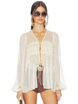Bardot - Ashton Women's Sheer Tie-Up V-Neck Blouse Ivory