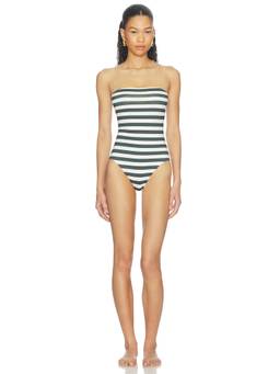 Bondi Born - Alba Women's Strapless Silicone Grip One Piece Swimsuit Forest Stripe