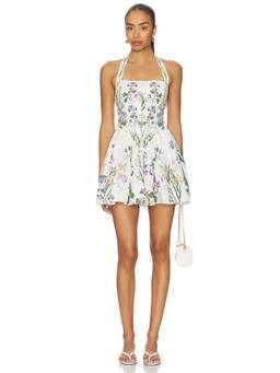 HEMANT AND NANDITA - Corseted Women's Floral Print Halter Neck Mini Dress Ivory