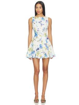 HEMANT AND NANDITA - Linen Cotton Women's Floral Print Sleeveless Skater Mini Dress Ivory
